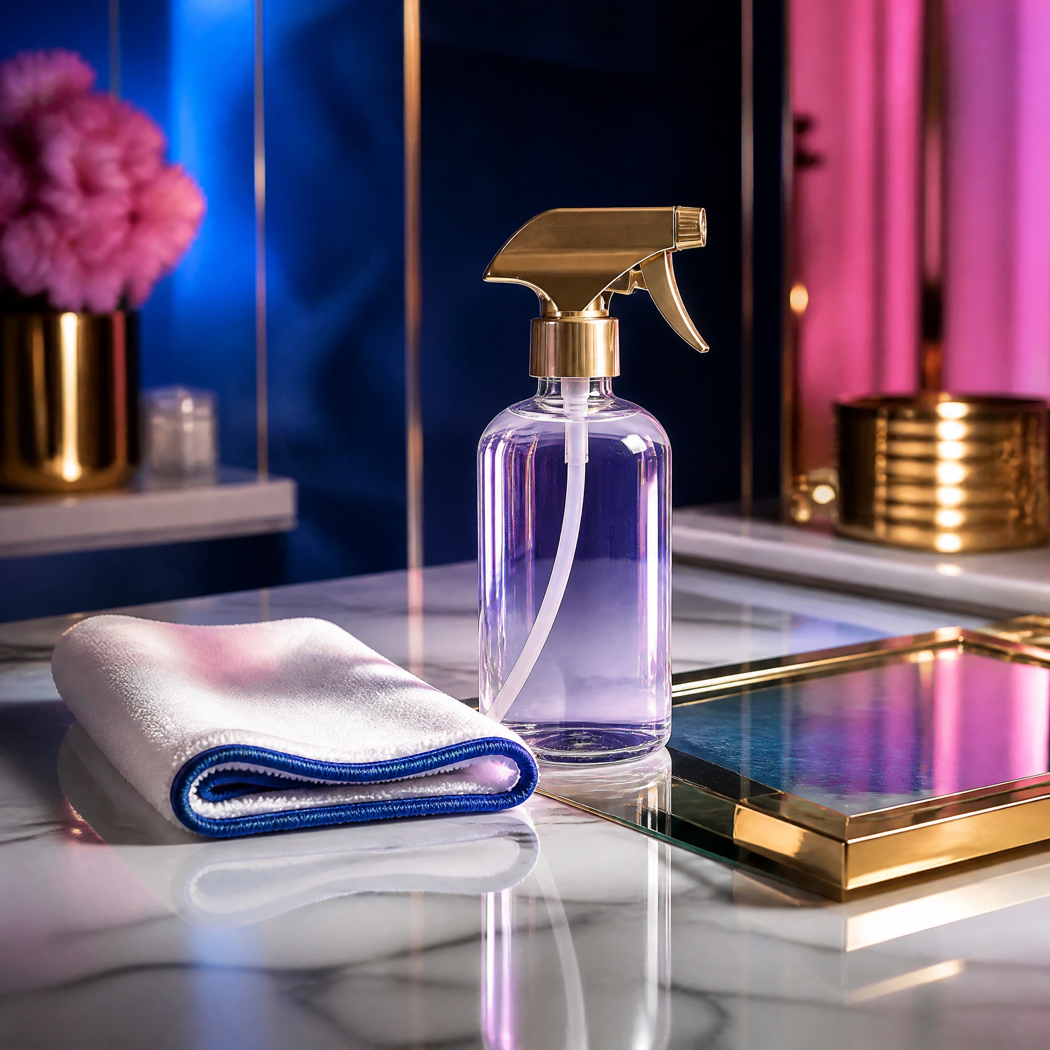 Luxury cleaning still life with polished marble, glass spray bottle, and folded microfiber cloth