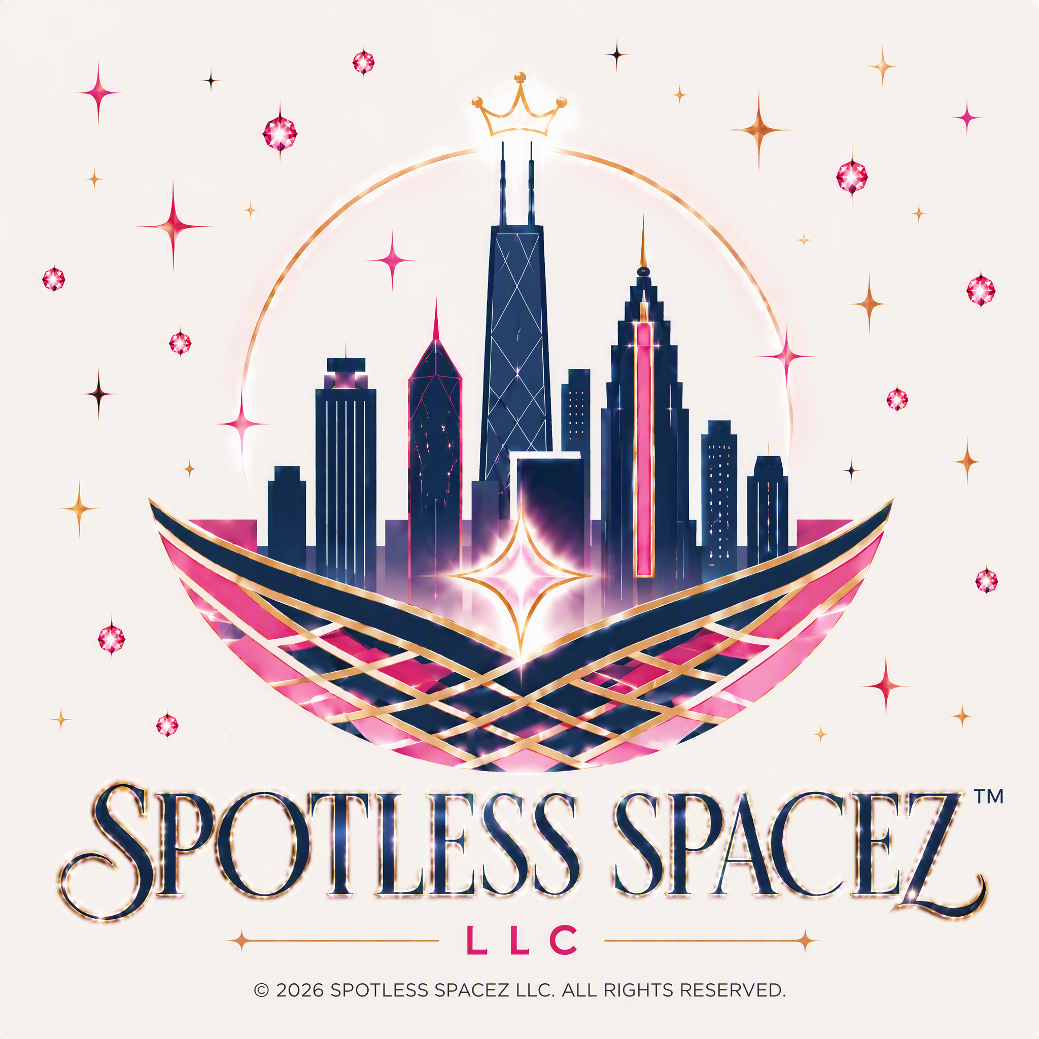 SPOTLESS SPACEZ LLC logo featuring a Chicago skyline, crown, woven motif, jewels, and glitter